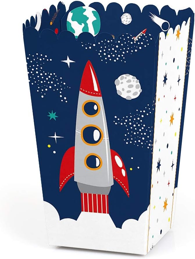 Big Dot of Happiness Blast Off to Outer Space - Rocket Ship Baby Shower or Birthday Party Favor Popcorn Treat Boxes - Set of 12