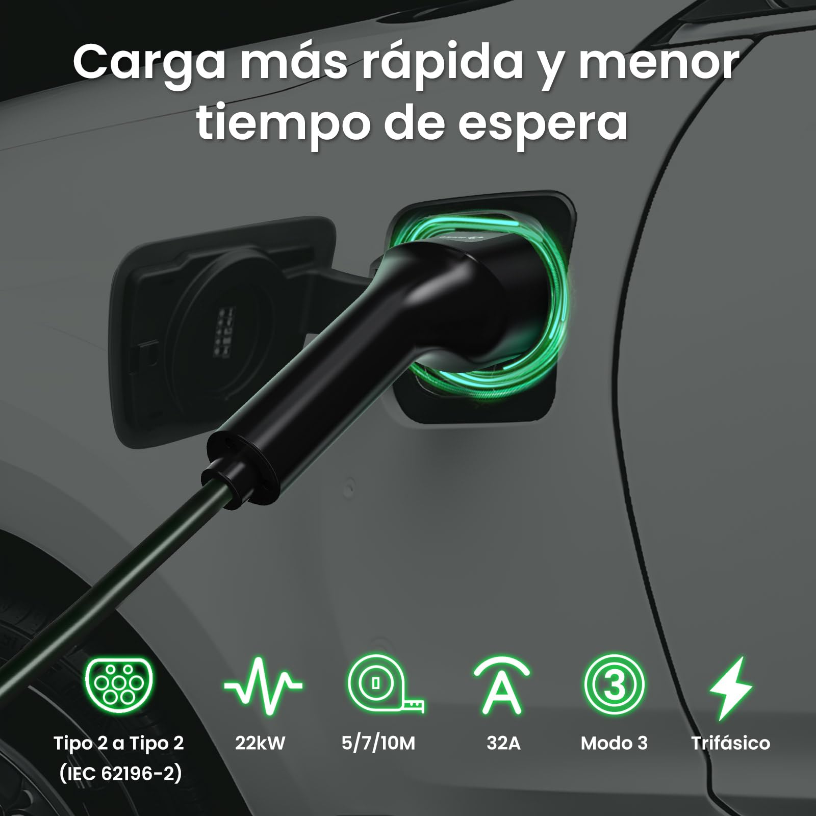 GONEO Cable de Carga Tipo 2 22kW 5M, 32A Mode 3, Cable de Carga para Coche Eléctrico Tipo 2 y 3 Fases para E Auto EV/PHEV Tipo 2 a Tipo 2 con Bolsa de Transporte