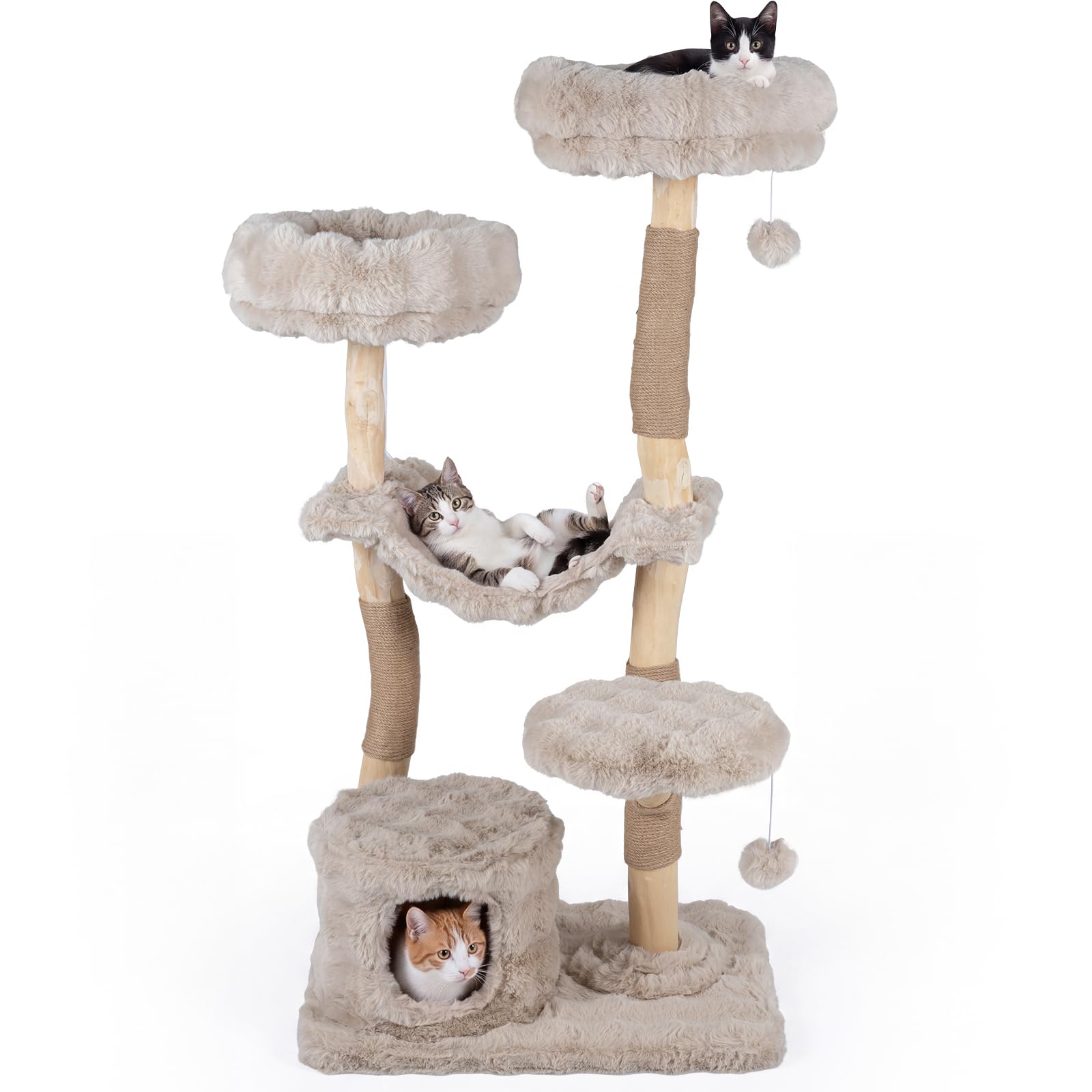 COSTWAY Wooden Cat Tree, Multi-Layer Cats Tower with Jute Scratching Posts & Top Perch, Modern Cat Activity Center for Indoor Cats Kittens (71 x 50.5 x 147 cm, Beige)