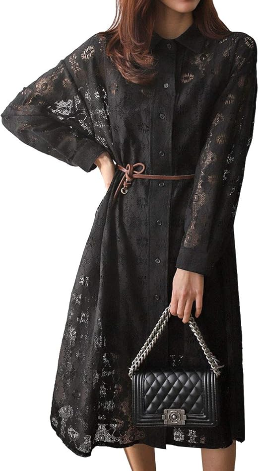 Amazon Co Jp シャツワンピース フラワーレースワンピース 長袖 レディース 花柄レース 前開き ロング ミモレ丈 体型カバー ゆったり オーバーサイズ Free アイボリー Free 服 ファッション小物