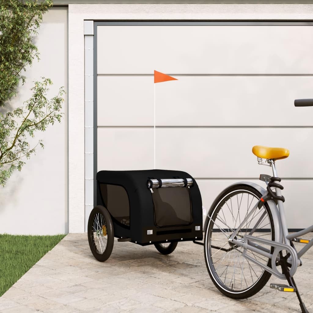 Fahrradanhänger Hunde Schwarz aus Oxford Gewebe und Eisen mit PVC Fenster, Netzfenster, Reißverschluss und Reflektoren, klappbar, 45 kg Tragkraft für Spaziergang und Outdoor Transport