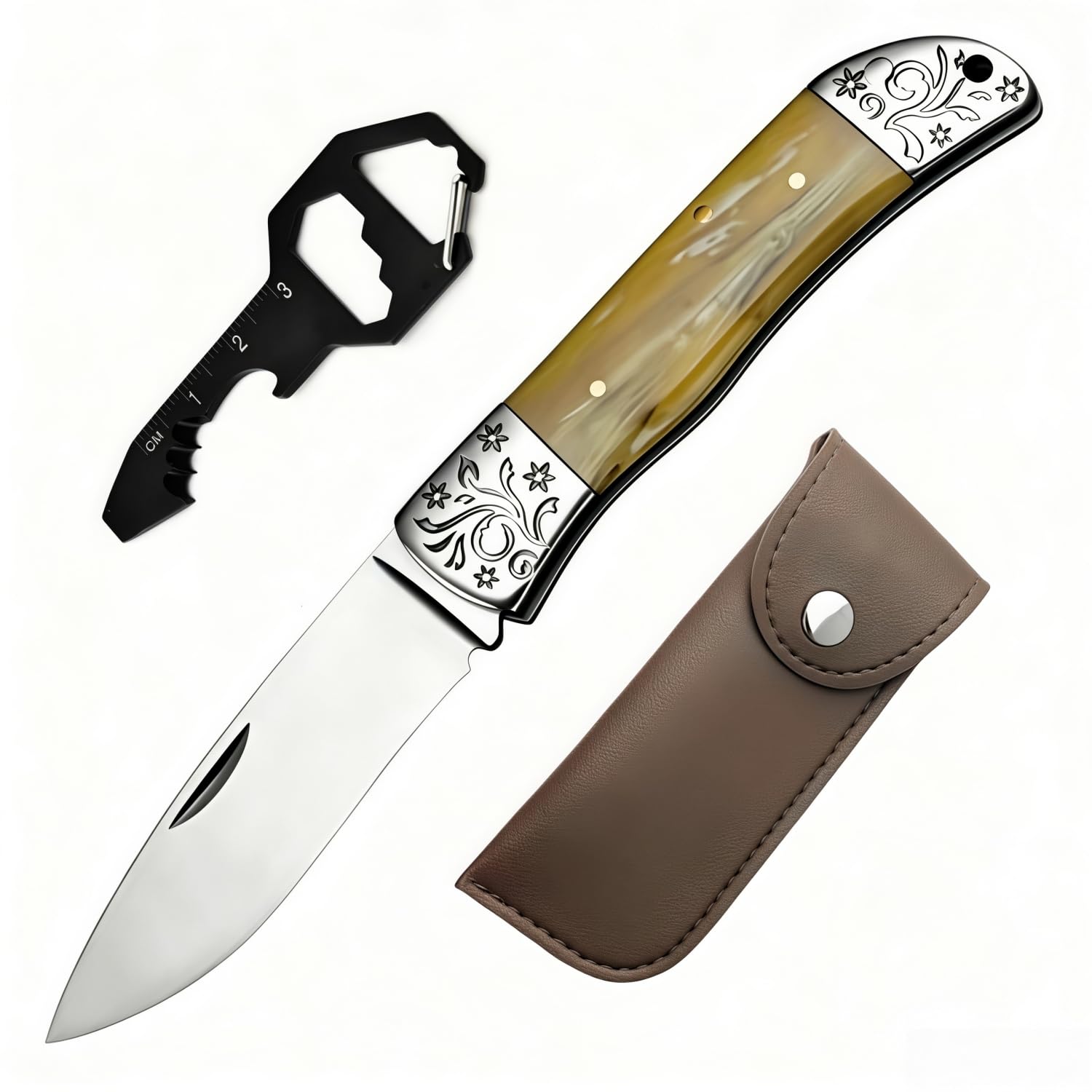 Multitool, 5-in-1 Multi-Function Tool Portable Folding Tool(with Leather Cover), Cool Carabiner Keychain Pocket Keychain,EDC Gadgets Outdoor Camping, DIY, Gift for Men