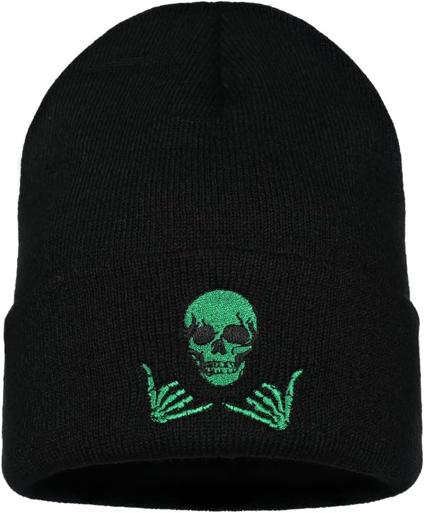 Embroidered Beanie for Men Women Stretch Knited Winter Hat Warm Cuffed Skeleton Hat Skull Cap