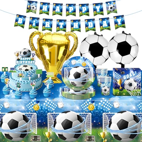 Kit Décoration Anniversaire Football, 90 Pièces Accessoires Fête Football avec Nappe Ballons Gobelets Serviettes Banderole Cake Topper pour Garçons Enfants Fête Thème Football