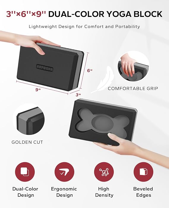 HAPBEAR Yoga Blocks 2 Pack - 9x6x3in High-Density EVA Foam with Non-Slip Textured Surface, Supportive for Deep Stretching & Lightweight - Ideal for Yoga, Pilates, Stretching Exercises