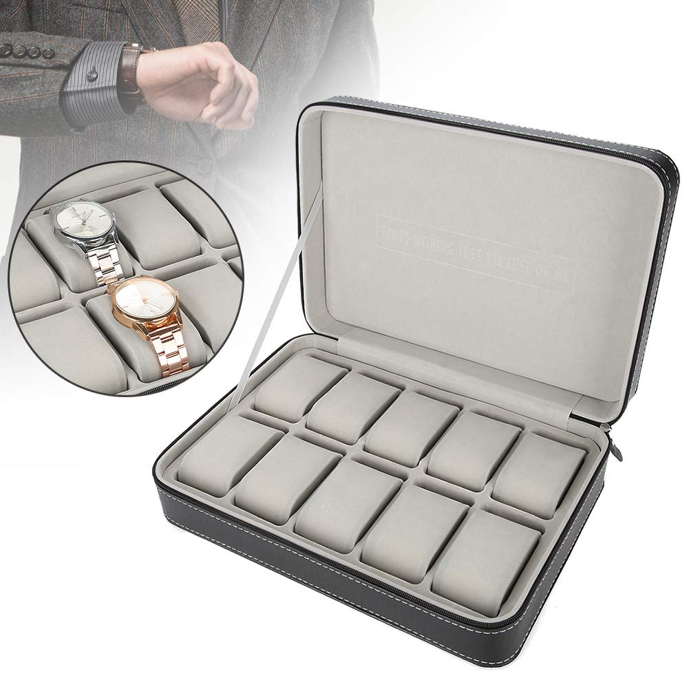 Caja de reloj Vitrina de 10 ranuras Organizador de almacenamiento de vidrio real con cuero Pu para hombres y mujeres