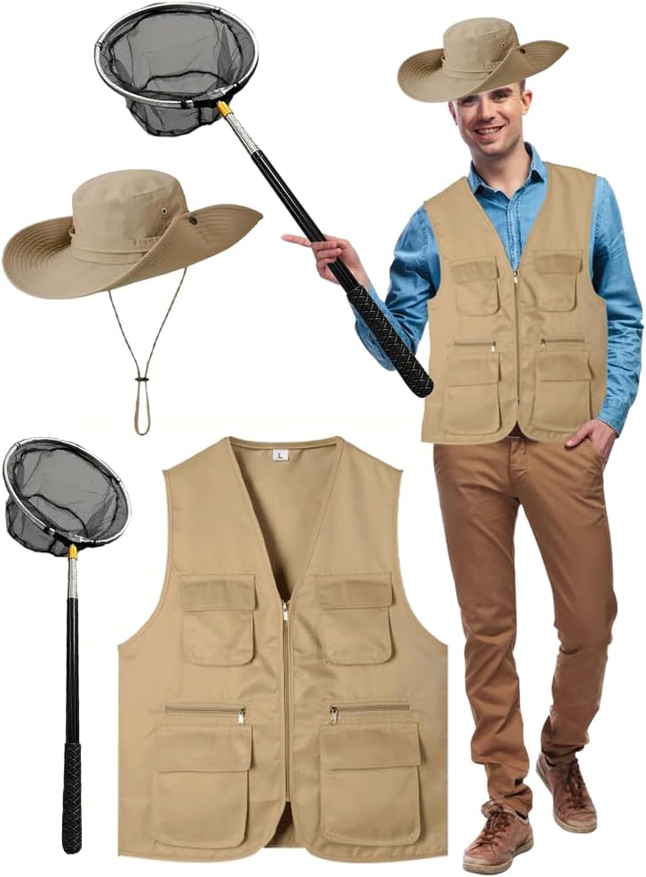 3 Pcs Butterfly Catcher Costume Fishing Vest Hat for Adult Men Monarch Butterfly Bee Ladybug Fish Catcher Cosplay