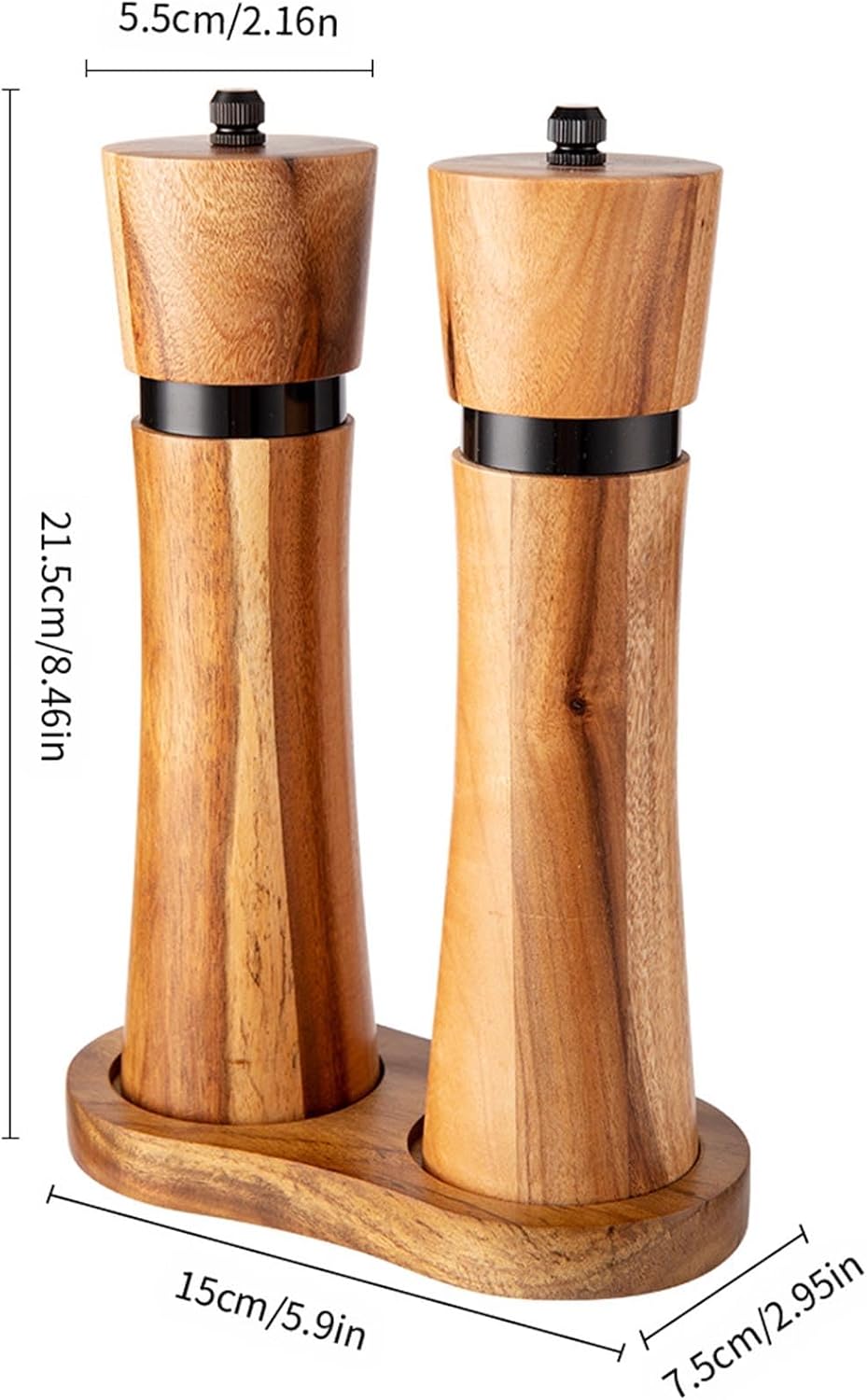 Salt and Pepper Grinder Set with adjustable Coarseness, 2 Packs Acacia Wood Salt & Pepper Mills, Refillable Spice Shakers Mill, Black Steel Ring Grinder, for Kitchen Gifting,Wood color,C