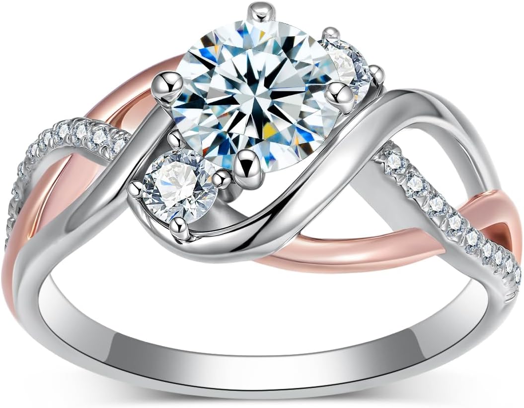 3-Stones Two Tone Engagement Ring GRA Certified,1-2/5 Carats Moissanite Promise Ring Love Knot Anniversary Bands for Women Platinum Plated Silver Jewelry Gift for Wedding Birthday