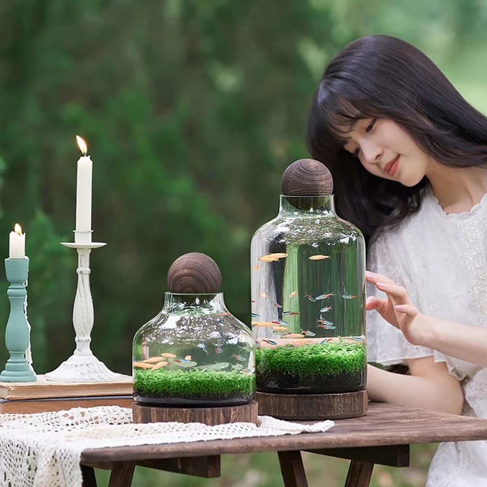 Szklane akwarium, miniaturowe terrarium krajobrazowe szklane akwarium z drewnianą podstawą, nowoczesne akwarium betta, małe akwarium do dekoracji domu i biura,L