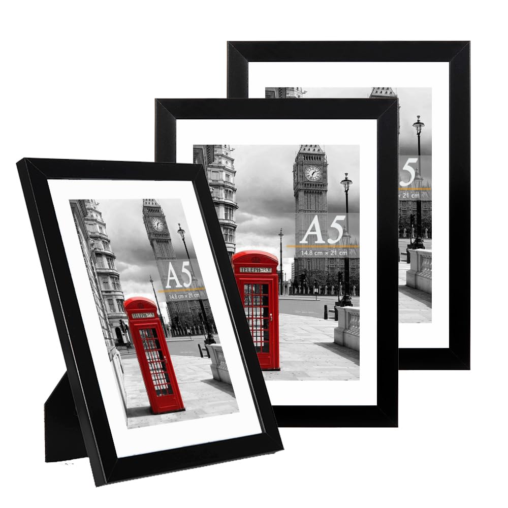 Scholar Tree Black Picture Frame A5 / 21 X 14.8 Cm Set Of 3 Photo Frames, Picture Frames For Freestanding And Wall Mountable