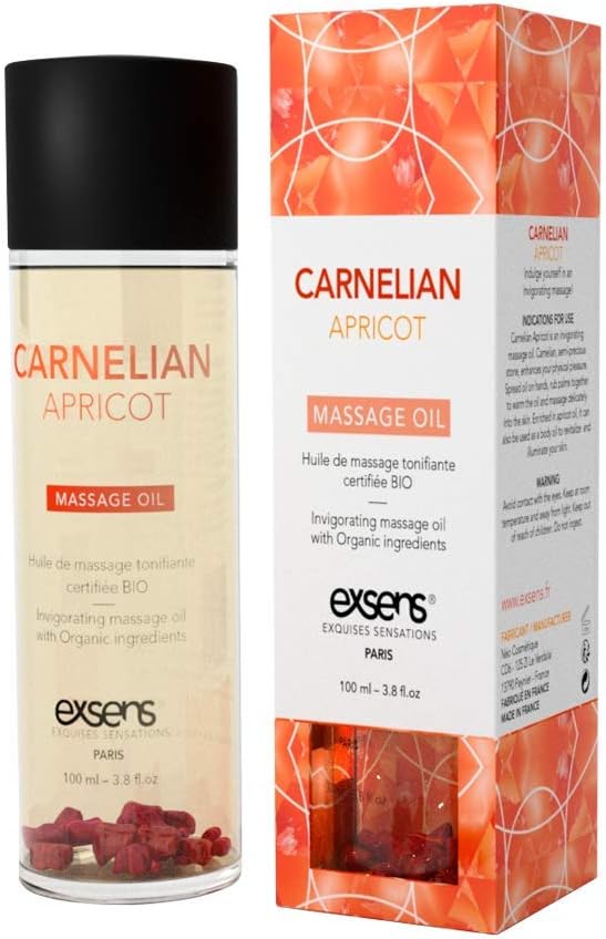 Carnelian Apricot Crystal Infused Sensual Massage & Body Oil by EXSENS | Moisturizer for Skin & Hair | Certified Organic, Vegan, Paraben Free, Non GMO, Natural Fragrance | 100 ml - 3.8 fl.oz