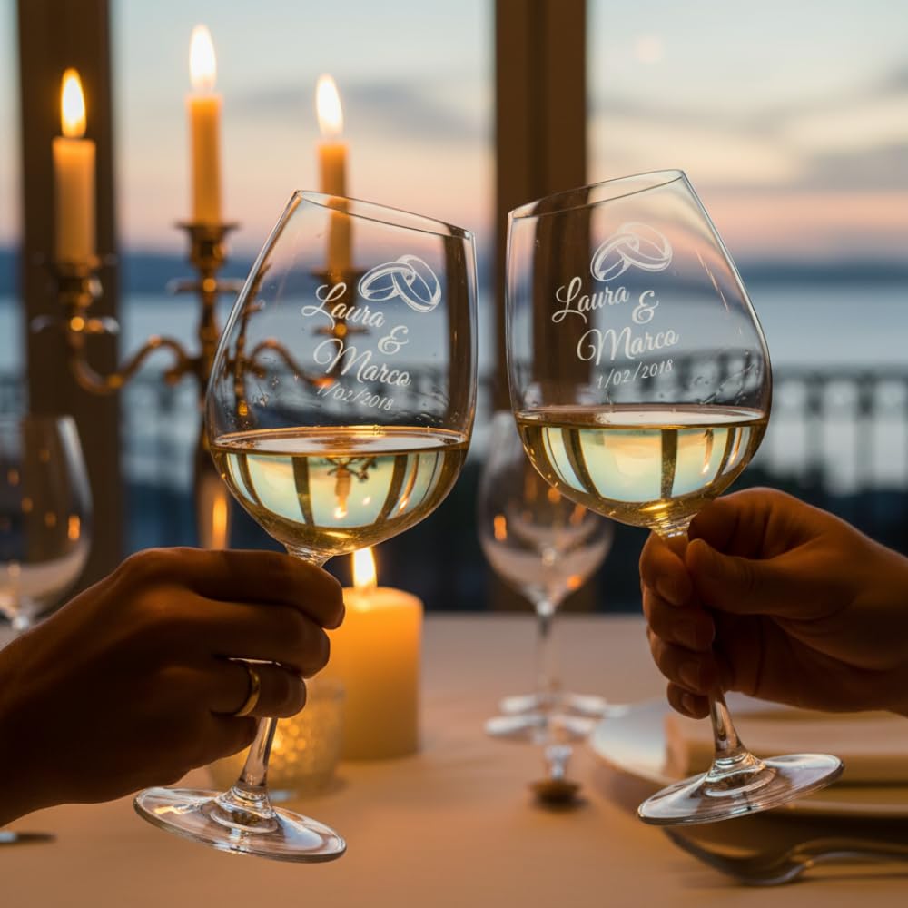 Lasertricks - Calici da vino con Scatola legno - Personalizzati con Nomi – Idea Regalo San Valentino, Anniversario o Matrimonio – Bicchieri da Vino – Personalizzabili