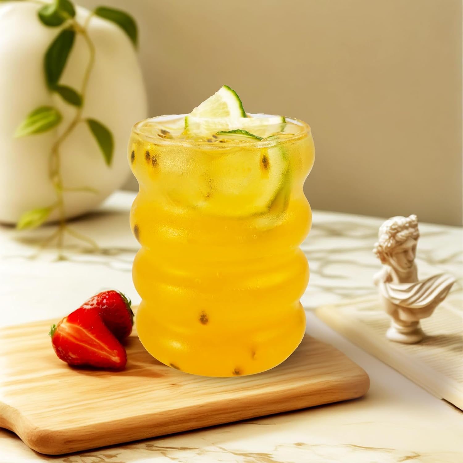 Ribbed Glass Cup 10 Oz Vintage Drinking Glassware Creative Small Ripple Glasses for Iced Coffee Juice Beverage Milk Cocktail Cute Wavy Glass Cups - Image 7