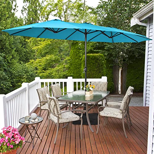 Image of Tangkula 15FT Double-Sided Patio Umbrella with Base, Extra-Large Market Umbrella W /Crank System, Outdoor Twin Umbrella W / 12-Rib Metal Structure & Air Vents for Garden, Backyard, Poolside (Turquoise)