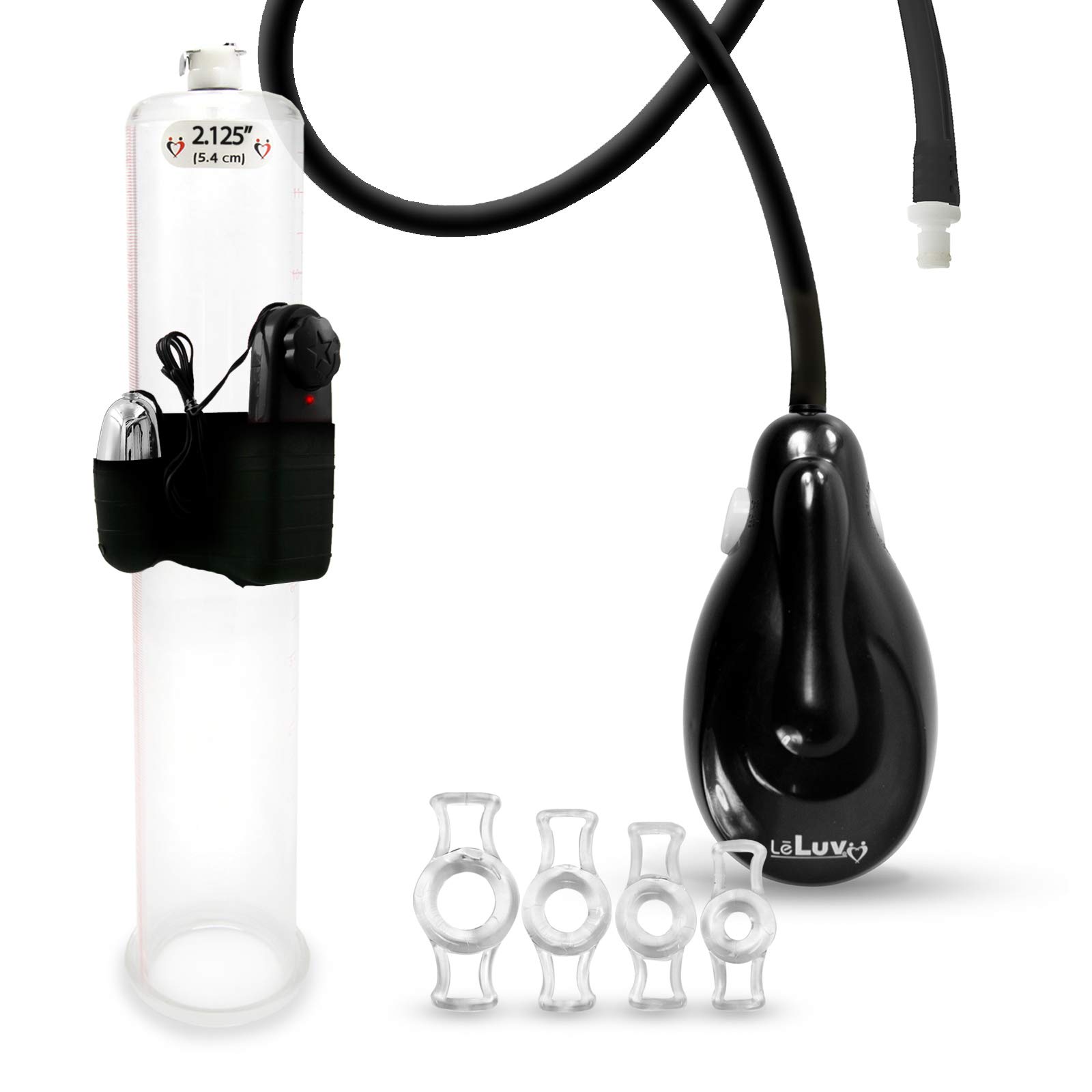 Bomba de vacío eléctrica de mano para pene LeLuv eGrip negra con manguera de silicona no plegable, 4 tamaños de anillos de constricción vibratorios, 12 pulgadas de largo x 2 cilindros sin cono de 125 pulgadas de diámetro