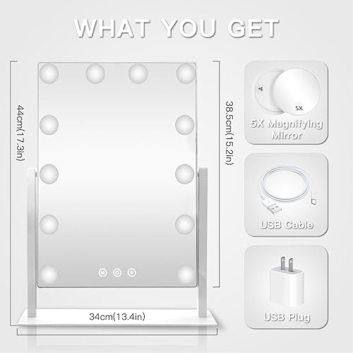 Miniatura 9 de HIEEY Espejo de tocador Hollywood con 12 bombillas regulables, tres modos de iluminación de color y aumento 5X, control táctil inteligente, rotación