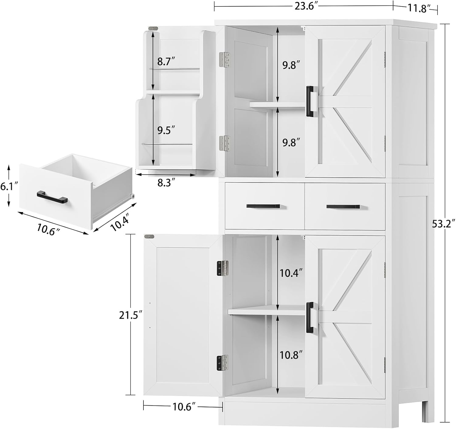 TEENFON 53" H Pantry Cabinet with 2 Drawers, Kitchen Storage Cabinet with 4 Door Shelves, Kitchen Pantry for Living Room, Dining Room, Bathroom, White