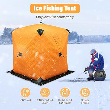 Ice Fishing Winter Shelter 1-2 Person Portable Ice Shanty for Winter Ice Fishing Tent 3-Layer Portable Thermal Hub Tent with Carrying Bag