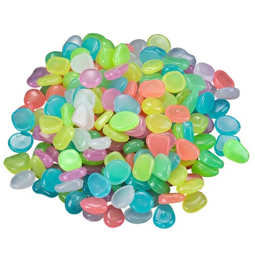 200pcs Glow in the Dark Pebbles, Multicolour Luminous Garden Stones for Plant Pots, Aquarium Gravel, Fish Tank & Outdoor Path Decor, Resin Rocks Vase Fillers (Approx. 1cm)