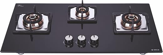 Elica Hob 3 Burner Auto Ignition Glass Top – 1 Small and 2 Medium Brass Gas Stove (FLEXI FB HCT 375 DX)