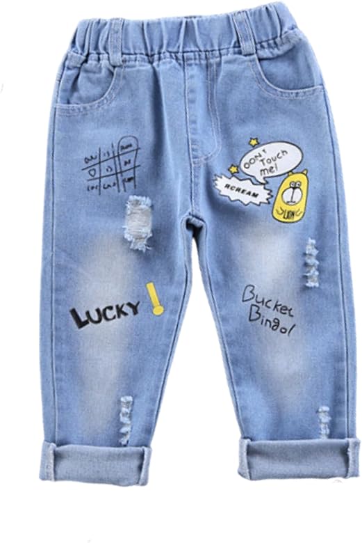 Amazon | [EnDast] イラスト ペイント LUCKY ダメージ デニム パンツ 