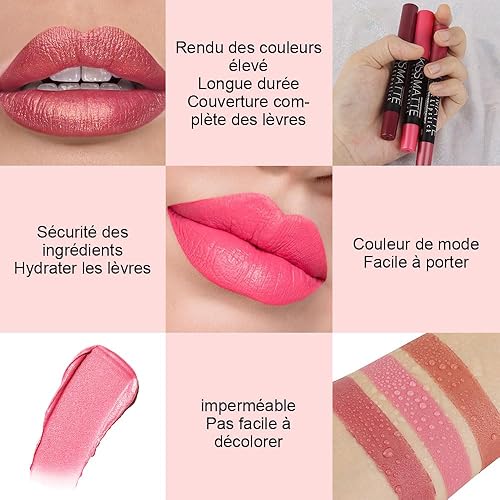 Miniatura 6 de evpct Juego de 3 lápices labiales mate y lápiz labial de lápiz labial color beige rosa, rosa, marrón, naranja, mate, lápiz labial, lápiz labial,