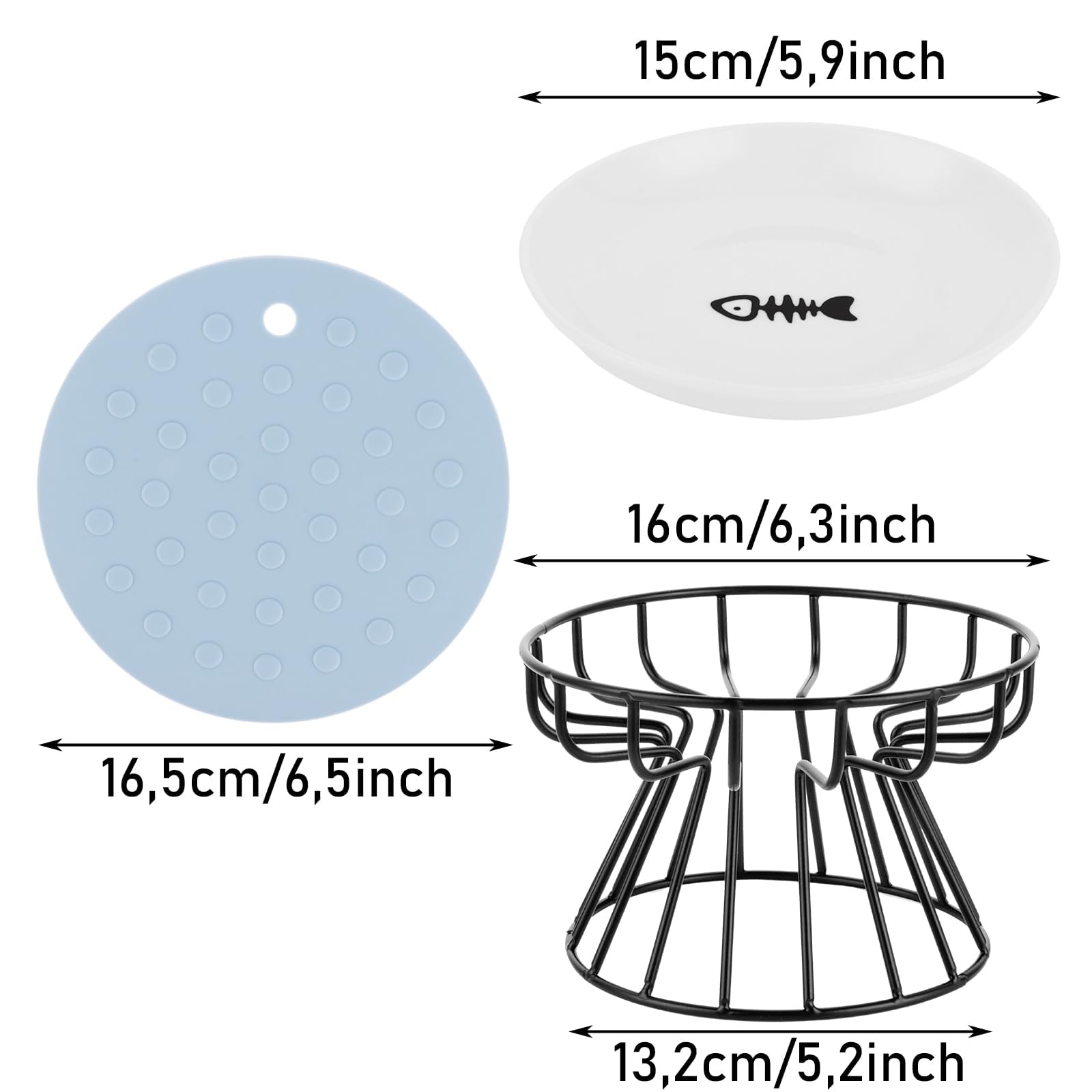 YAYODS Juego de 3 Cuencos de Cerámica Elevados para Gatos, Comedero Ergonómico Altura 10cm, Soporte Metálico y Alfombrilla de Silicona Antideslizante, Cuencos Anchos Antifatiga Aptos para Lavavajillas