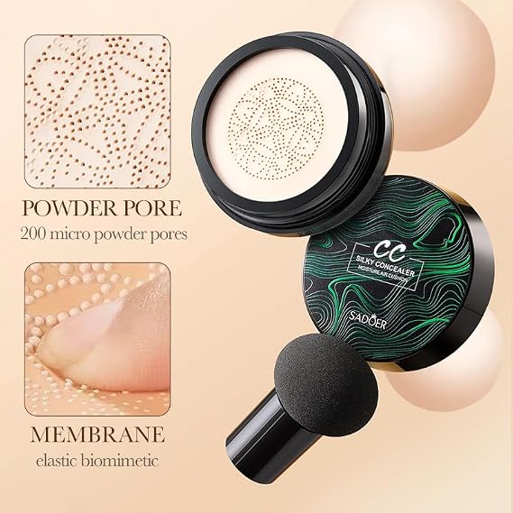 SADOER, Mushroom Head CC Cushion Foundation, HD Brightening Oil Control Formula, Ivory/natural color, 20g (CC air cushion (ivory white) 20g)