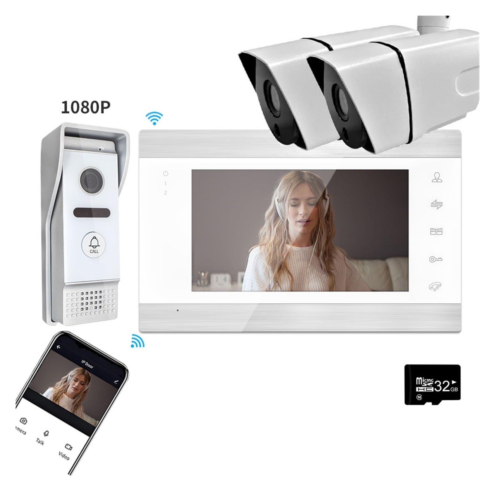 Kit D'interphone Vidéo Domestique 1080p Filaire Sonnette Caméra WiFi avec Écran 7 "Moniteur Vidéo Porte Téléphone for Appartement Étanche(Size:W-86706-203-Add 32G TF Card-C)