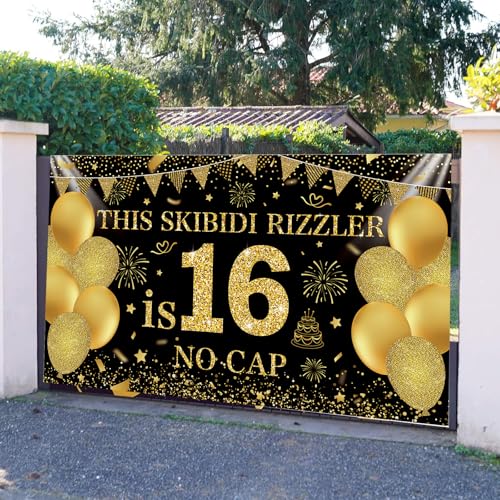 Image of Black Gold This Skibidi Rizzler is 16 No Cap Happy Birthday Backdrop Banner Photography Background Decorations for Boys Girls 16th Year Bday Party Accessories Supplies 72.8 * 43.3in