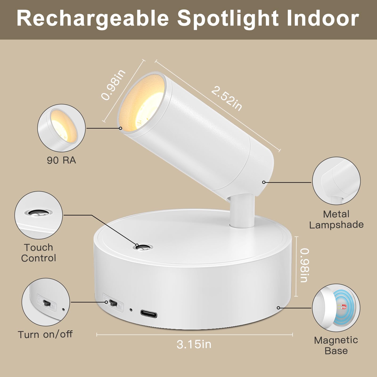 Kimjo LED Kabellose Spotlight Aufladbar Wandstrahler, Weiß Batteriebetriebene Wandleuchte Innen, USB-C Dimmbare Wandspot mit Fernbedienung, Drehbare Wandlampe Akku für Wohnzimmer Schlafzimmer, 2 Pack