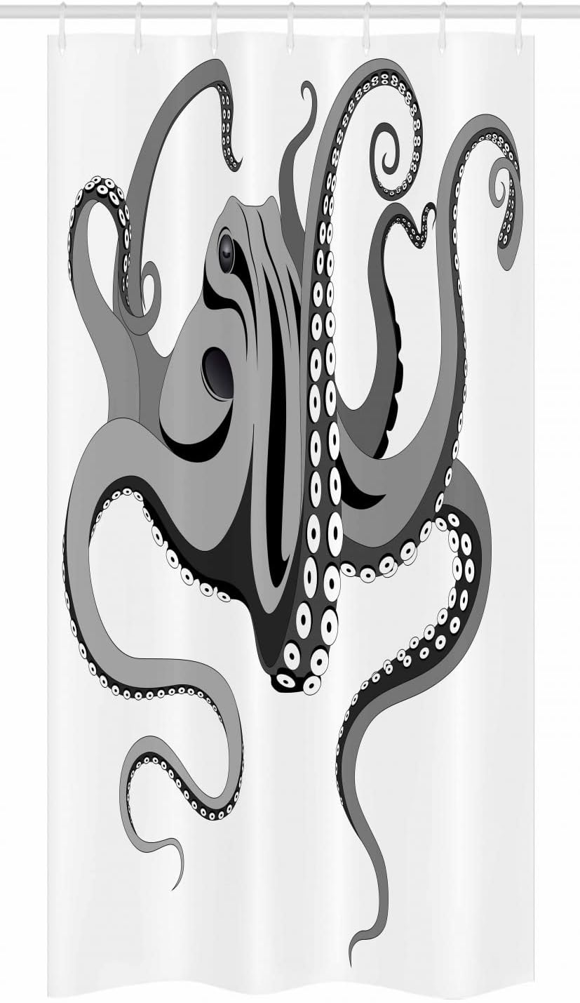 Ambesonne Octopus Stall Shower Curtain, Monster Kraken Octopus with Large Tentacles Illustration Underwater Marine Life, Fabric Bathroom Decor Set with Hooks, 36" W x 72" L, Black Grey
