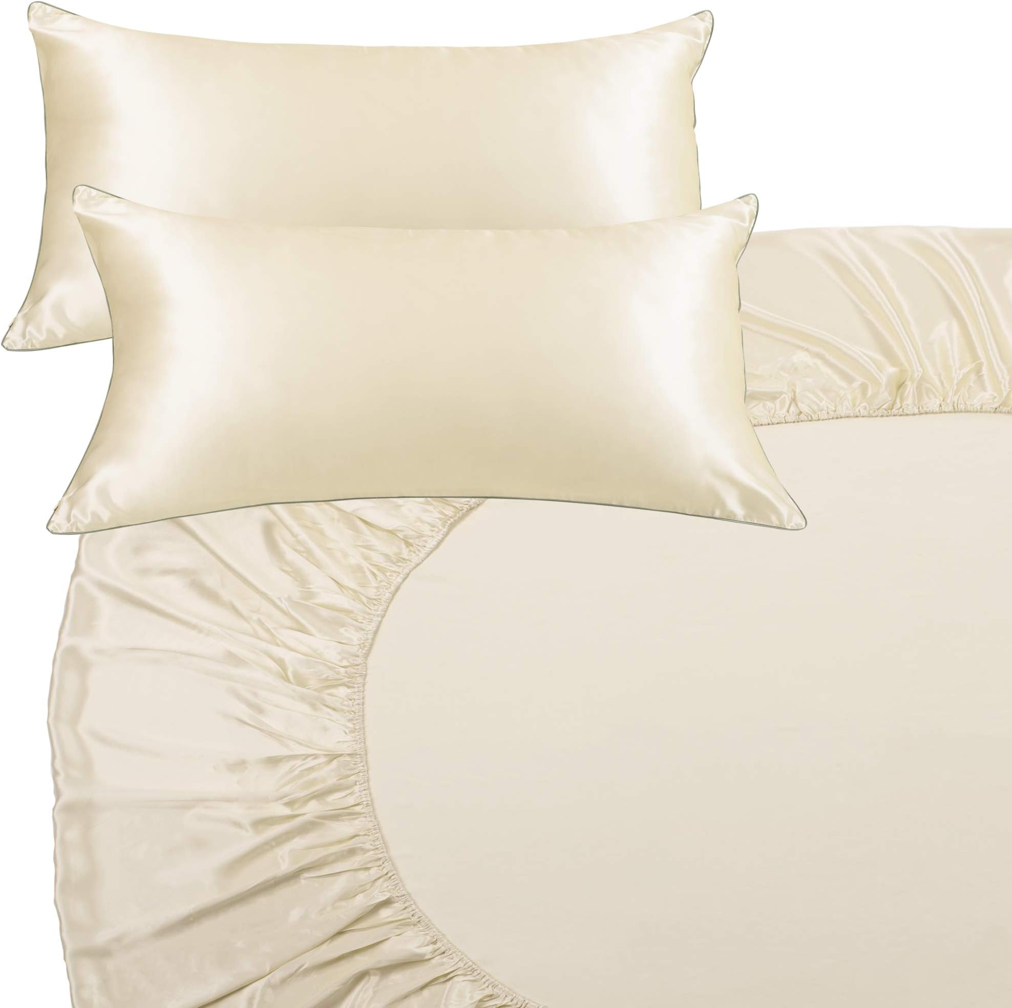 Vogue Silk 100% Mulberry Silk 3-Piece Bed Set (Fitted Sheet + 2 Pillowcase Set) for The Luxury Sleep Your Skin Deserves in Best Natural Fabric. Protect Skin and Hair at Night! (Pearl, King)
