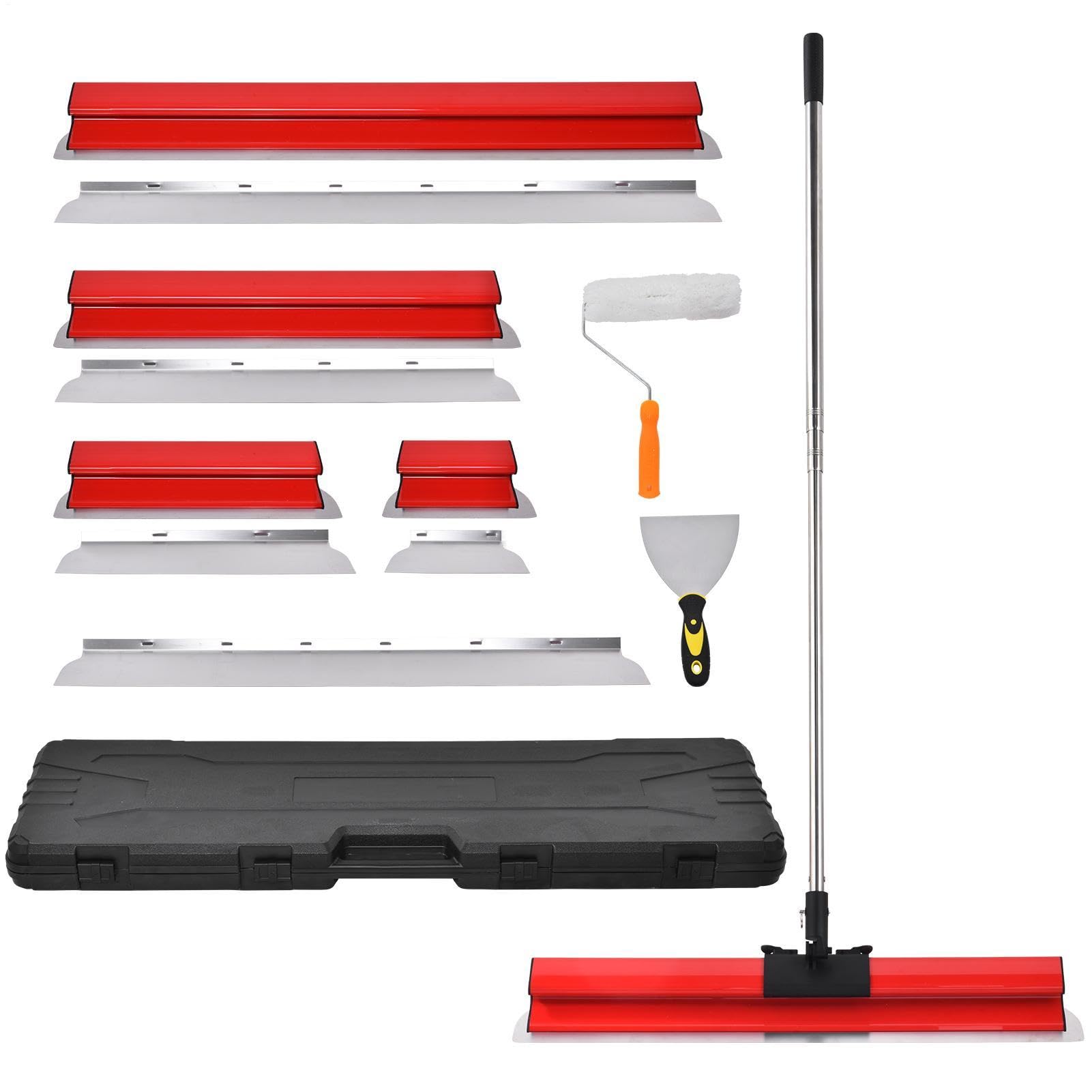 Llana para alisar paredes telescópica juego de espátulas con mango extensible 86-207 cm y 10 tamaños de cuchilla (155-955 mm), mango ergonómico Z, para pladur y pintura – incluye rodillo Rojo