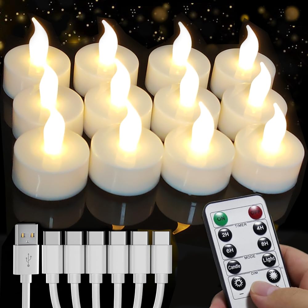 Lot de 12 bougies chauffe-plat LED rechargeables avec télécommande et minuterie - Avec câble de charge USB à 6 ports - Pour mariages, fêtes, Halloween, Noël, décoration d'intérieur