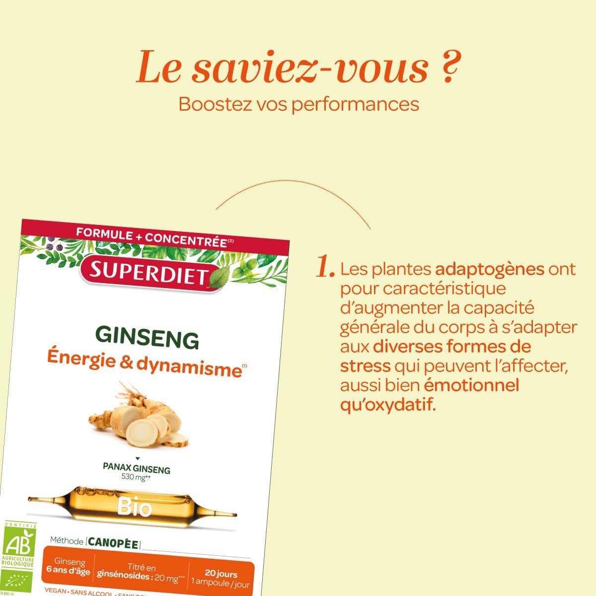 SUPERDIET – GINSENG BIO – Énergie & Dynamisme – Phytothérapie – Fabrication française – 20 ampoules de 10 ml