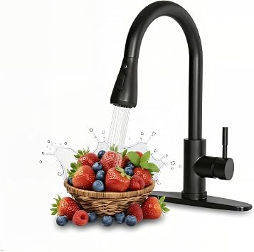 Black Kitchen Faucet with Pull Down Sprayer, Single Handle Kitchen Faucet Matte Black, Stainless Steel Suitable for 1 or 3 Hole Sinks for Farmhouse, RV, Laundry, Bar, RC-KYT010B-D