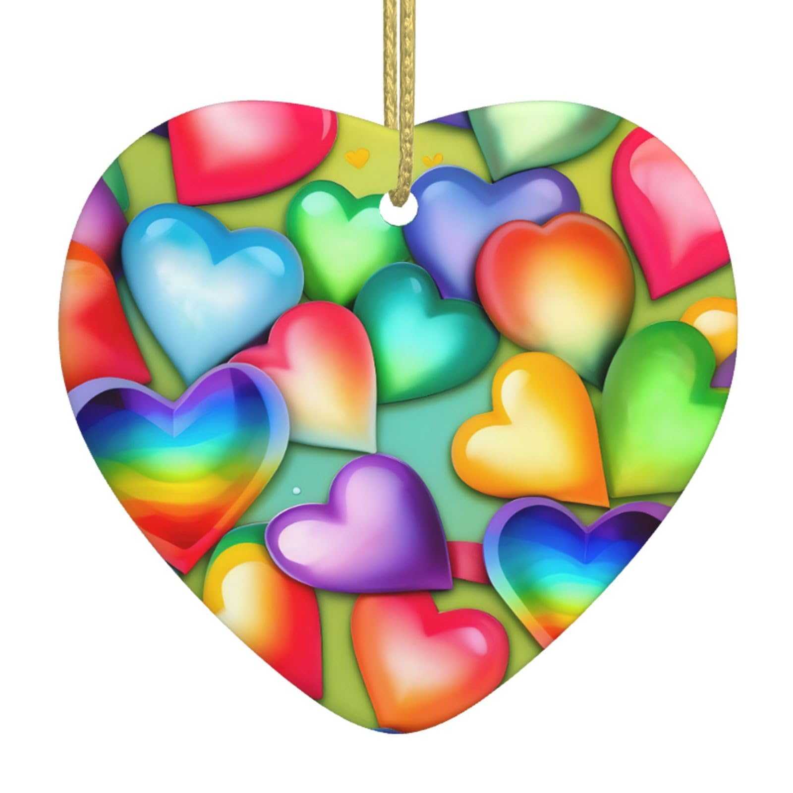 Nbtghga White Rainbow Hearts Print Christmas Ornaments, Ceramic Hanging Ornament, Xmas Tree Decoration, Holiday Home Decor