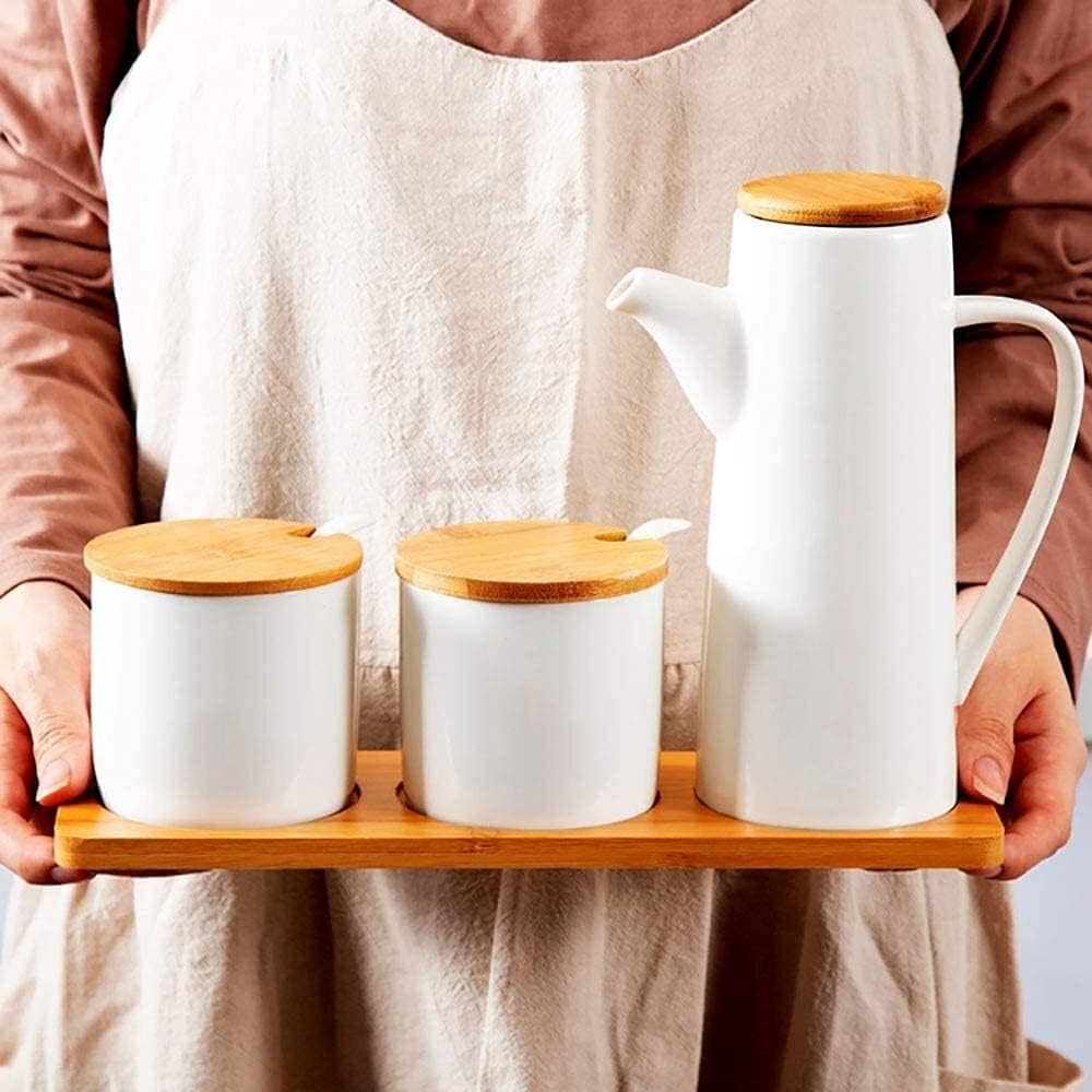 IGZVMBO Oil and Vinegar Cruet Oil Dispenser Bottle 290Ml White Ceramic Olive Oil Vinegar Soy Pourer Kitchen Liquid Dispenser Condiment Dispenser