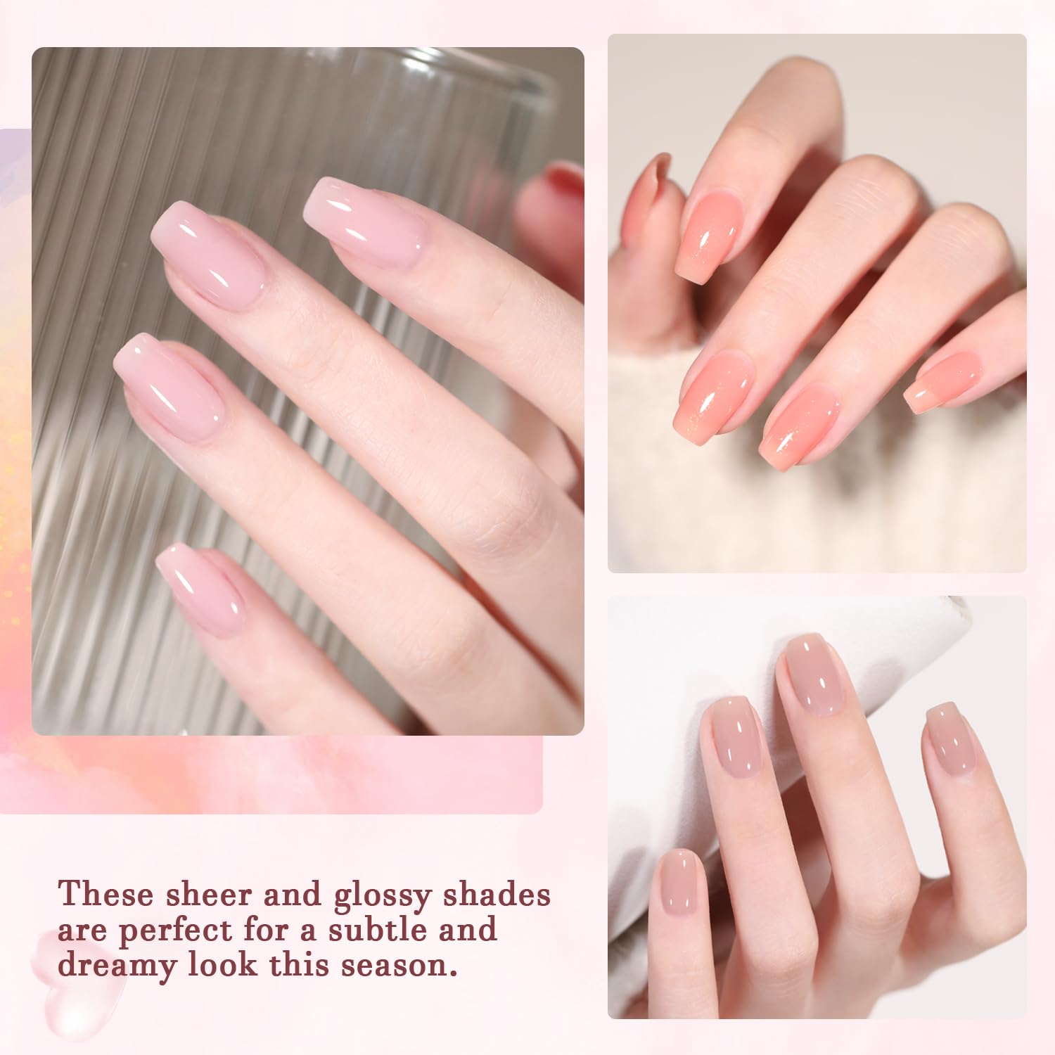 Juego de 24 esmaltes de uñas de gel Jelly Nude con esmalte de gel de colores rosa transparente con capa superior brillante y mate y capa base para arte de uñas, manicura y pedicura en casa 7