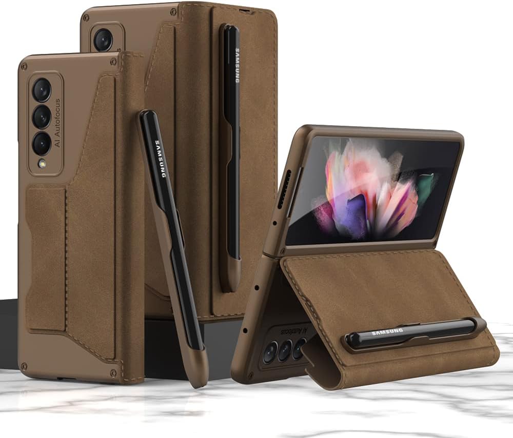 SHIEID Galaxy Z Fold 3 Case with S Pen Holder Genuine Leather Wallet Cover with Detachable Pen Slot, Card Holder, Kickstand, and Screen Protector for Samsung Z Fold 3 Phone Case, Brown
