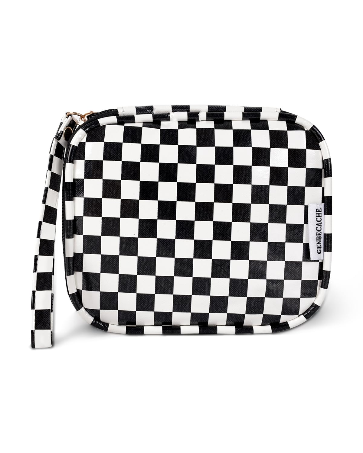 GENBECACHE Mini Cosmetic Bag, Small Makeup Bag for Purse, Zipper Checkered Pouch, Waterproof Packing Bag for Toiletry with Wrist Strap, Black
