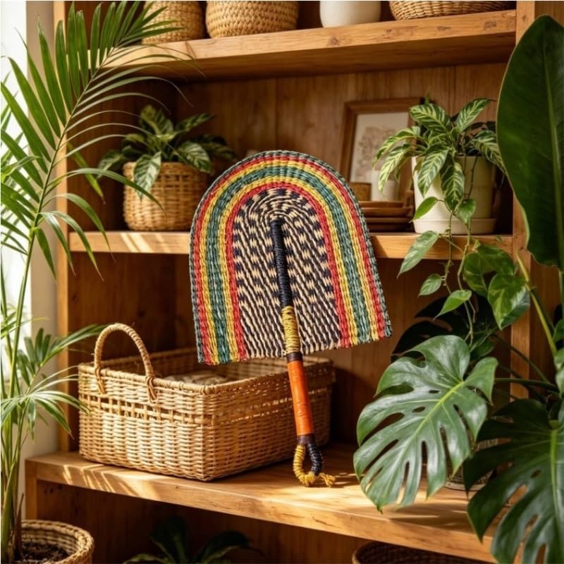 FWTCVB Handwoven Seagrass Hand Fan Colorful Bohemian Decorative with Leather Handle for Cooling Wall Art