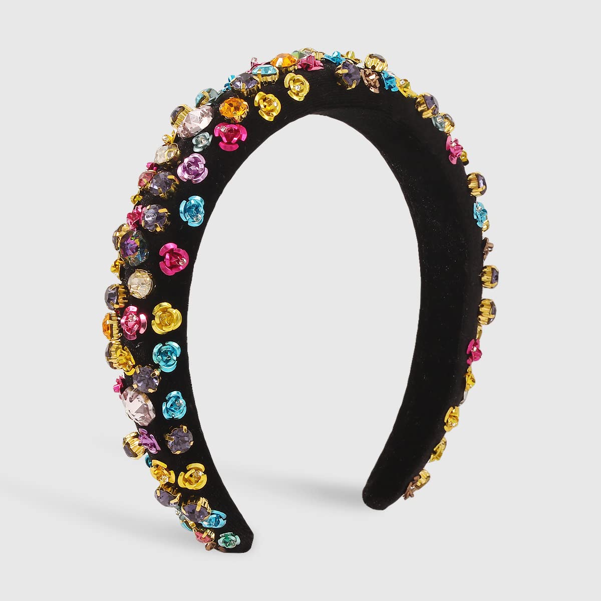 Modische Stirnbänder für Damen, Stil, dickes Haarband aus Schwammmetall mit Blumenmuster, hohe Totenkopf-Oberseite, breite Seite, Strass-Flanell-Stirnband, Schwarz
