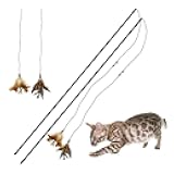 2 Pcs Cat Wand Toys Natural Feather Stick Toys,31.5” Extra Long Teaser Wands and 4 PCS Feather Refills,Interactive Toys for Indoor Cat and Kitten.