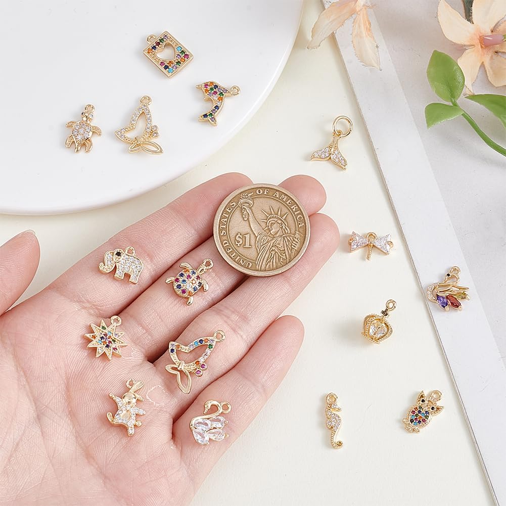 PH PandaHall 16Pcs 16 Styles 14K Gold Plated Cubic Zirconia Pendants, Brass Sea Animal Charms Star Butterfly Turle Charms for Necklace Earring Bracelet Jewelry Craft Making, 8.5~20mm - Image 3