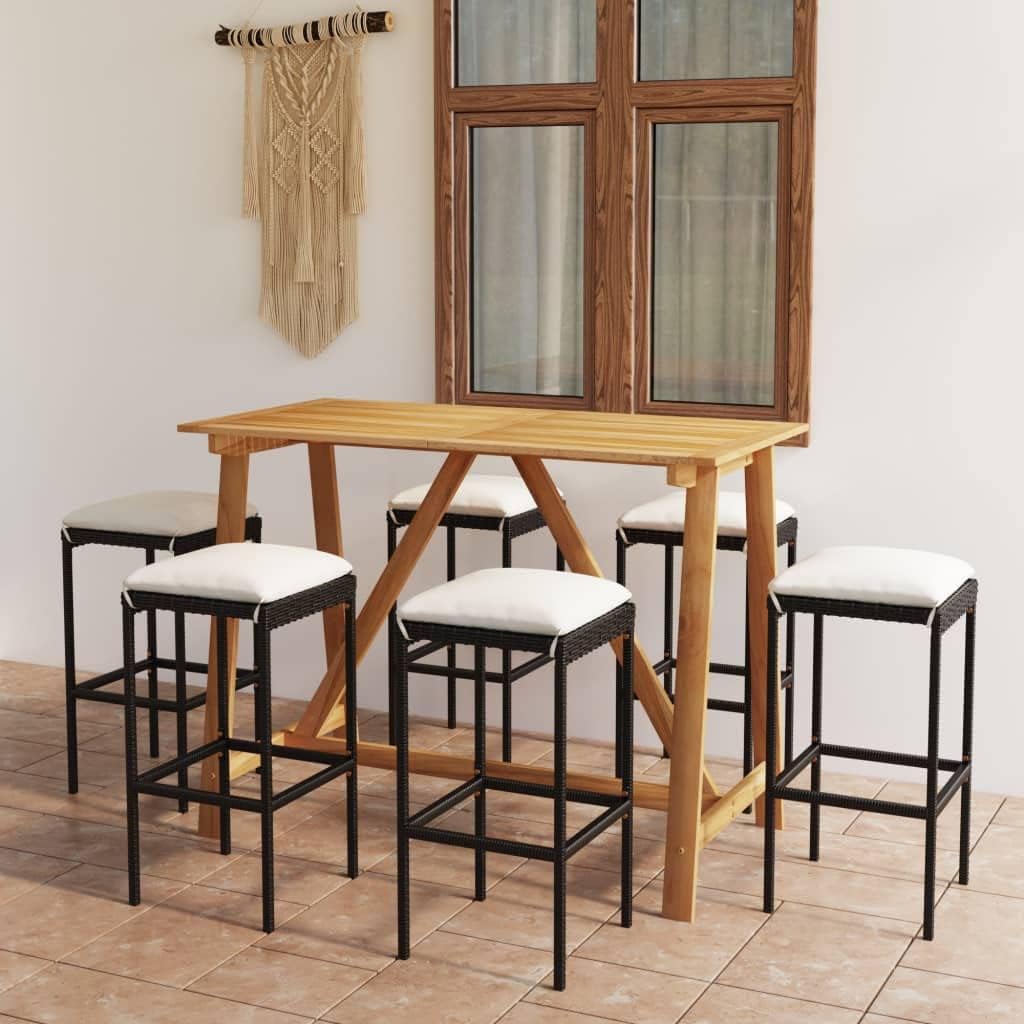 7-Piece Outdoor Rattan Garden Bar Set in Black and Cream with Acacia Wood and Poly Rattan for Patio, Balcony, Terrace, Seats Six, Includes Table and Cushions