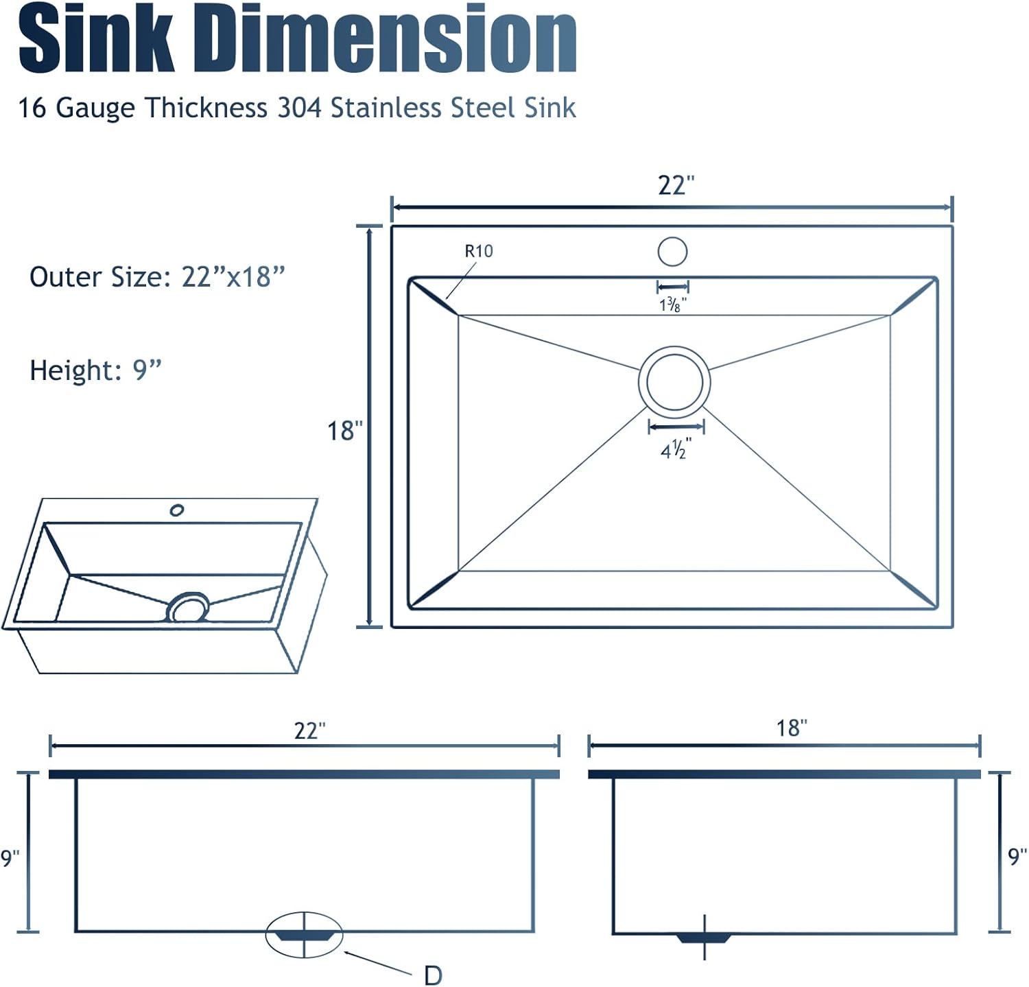 HOTIS 22x18 Inch Drop In Kitchen Sink, Stainless Steel Handmade Single Bowl Topmount Kitchen Sink, Brushed Nickel Prep Sink with Strainer