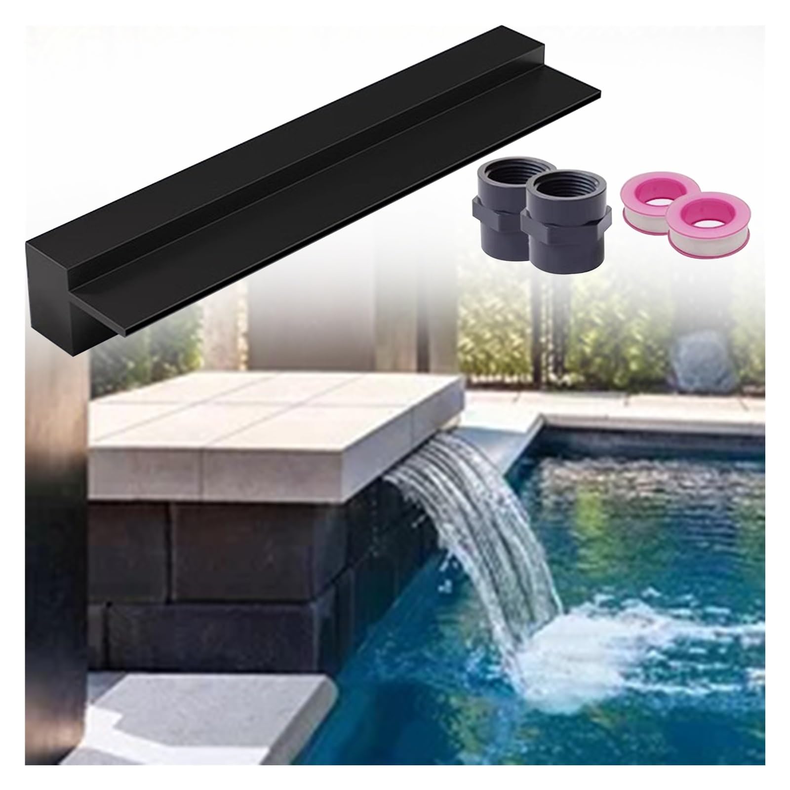 Stainless Steel Pool Fountain Waterfall Spillway - 65" Recessed Wall Outlet with Pipe Connector for Garden, Fish Pond, Patio Deck Water Features, Available in 16" to 72" Widths (Black)